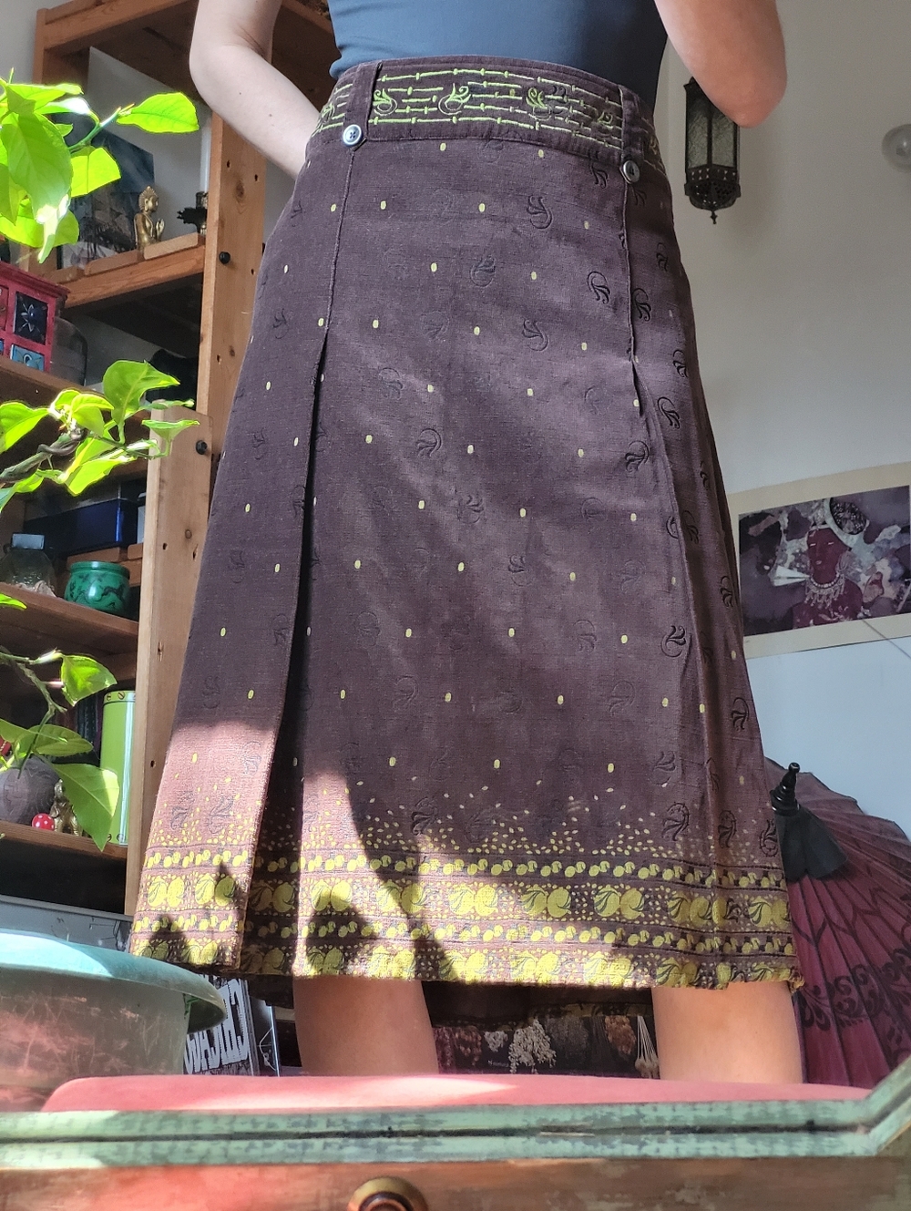 Solola Nwt Women's Brown & Green Embroidered Polka Dot Midi Skirt - Size 12